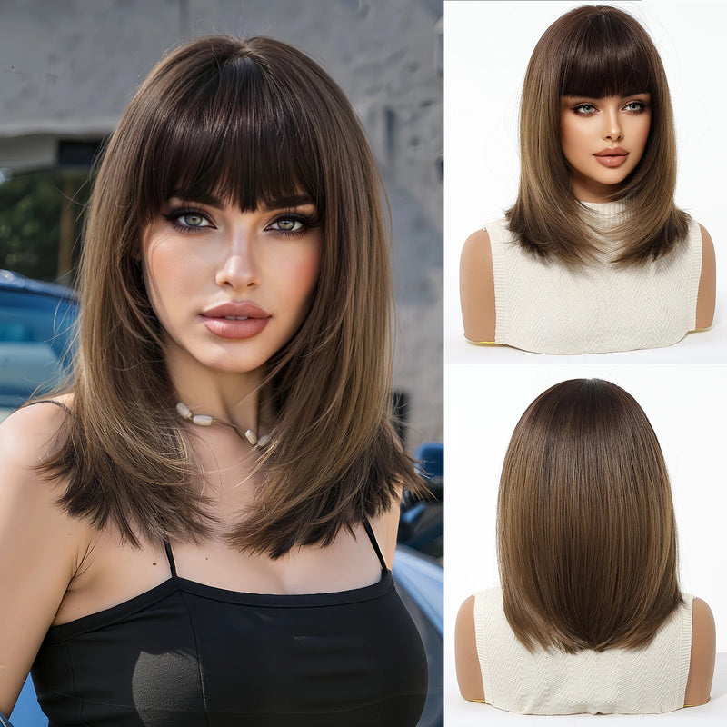 EASIHAIR Short Straight Bob Hair Synthetic Wigs for Women Brown Straight Natural Wigs with Eight Character Bangs Daily Cosplay