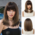 EASIHAIR Short Straight Bob Hair Synthetic Wigs for Women Brown Straight Natural Wigs with Eight Character Bangs Daily Cosplay