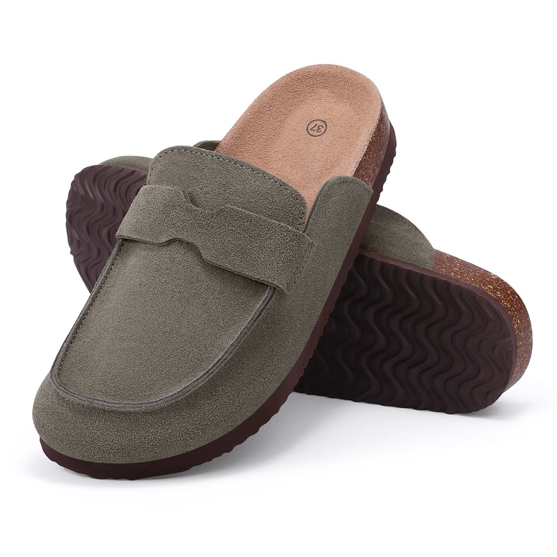 Litfun Women's Cow Suede Clogs Mens Genuine Mules Comfortable Cork Footbed Clogs Slippers Fashion Potato Shoes with Arch Support
