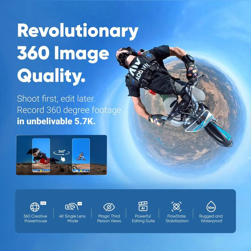 Insta360 X3 - Waterproof 360 Action Camera with 1/2" 48MP Sensors, 5.7K 360 Active HDR Video, 72MP 360 Photo, 4K Lens