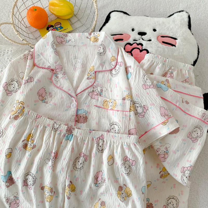 Cartoon Hello Kitty Summer Cardigan Lapel Women's Pajama Set Cloud Cotton Cute Printed Casual Loungewear Three-piece Set