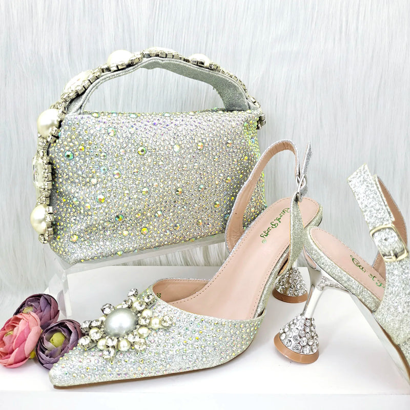 QSGFC 2026 New Fashion Purple Sandals Sequins Rhinestone Point Toe High Heels Slingback Women's Dress Women's Shoes & Bag Set