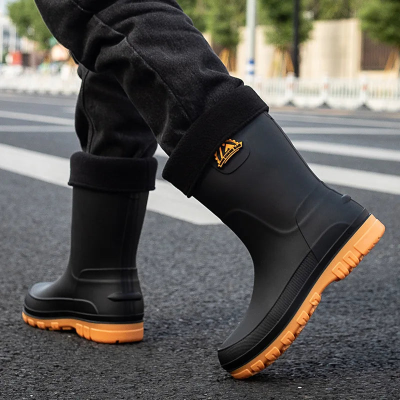 High tube rain shoes for men  high tube rain 2025 boots  autumn and winter cotton car wash work rubber shoes