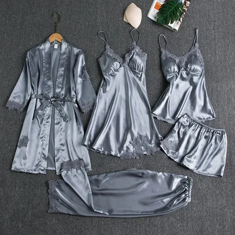 5-piece Set of Women's Sleepwear Sexy Silk Nightgown Lace | SAMAG