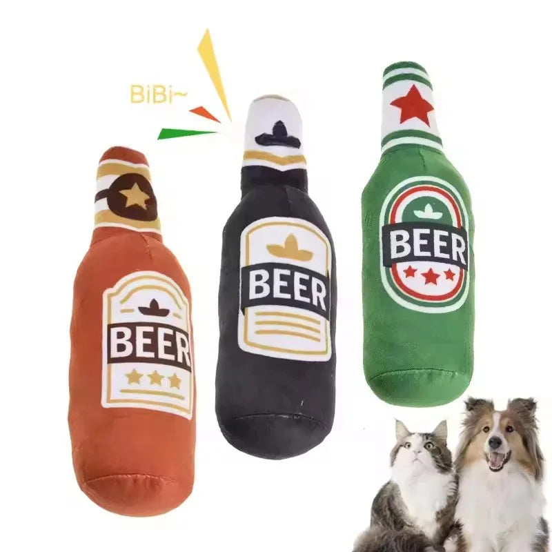Simulated Beer Bottle Plush Dog Toy with Squeaky BB Sound Interactive Bite Resistant Pet Toy for Teeth Cleaning And Molar Relief