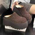 Women's Suede Platform Mules Round Toe Thick Chunky Sole Cotton Lined Warm Clogs Backless Slides Casual Height Increasing Shoes