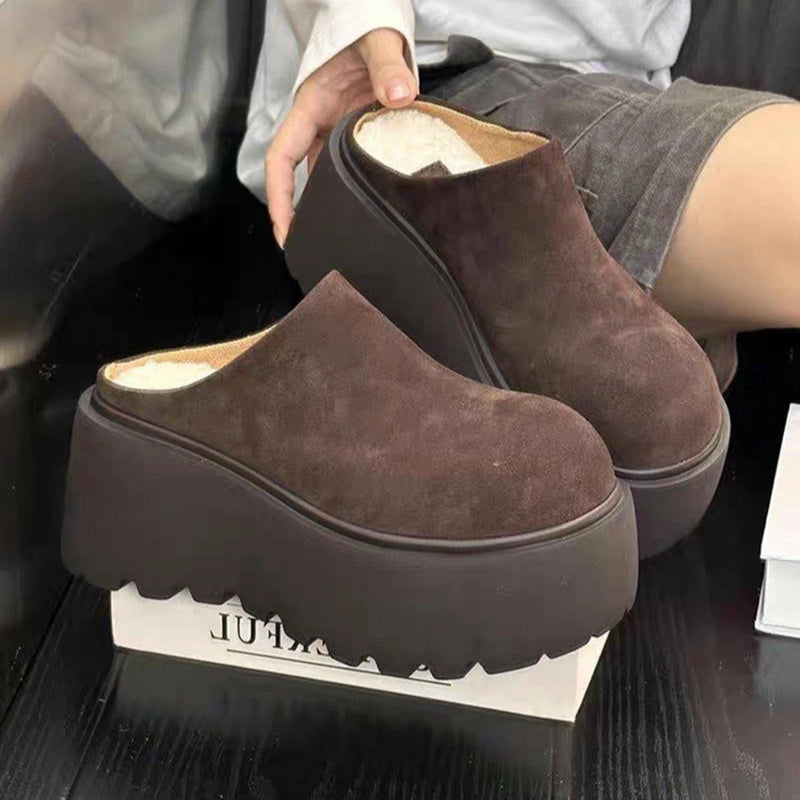 Women's Suede Platform Mules Round Toe Thick Chunky Sole Cotton Lined Warm Clogs Backless Slides Casual Height Increasing Shoes