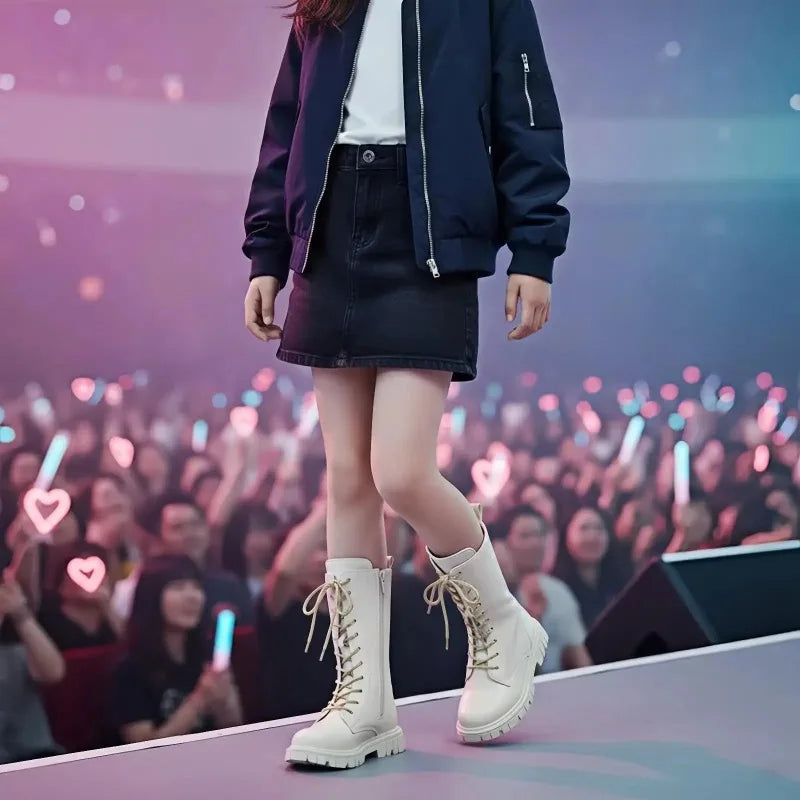 Girls White Lace-Up Boots Booties Side Zipper Soft Bottom Leather Dress/School Riding Boot Kids Autumn/Winter Fashion Mid Boots