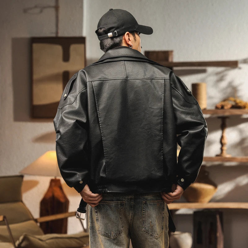 Winter Faux Fur Liner Leather Bomber Jacket Men Streetwear Fashion Loose Thicken Leather Casual Vintage Motorcycle Jacket Coat