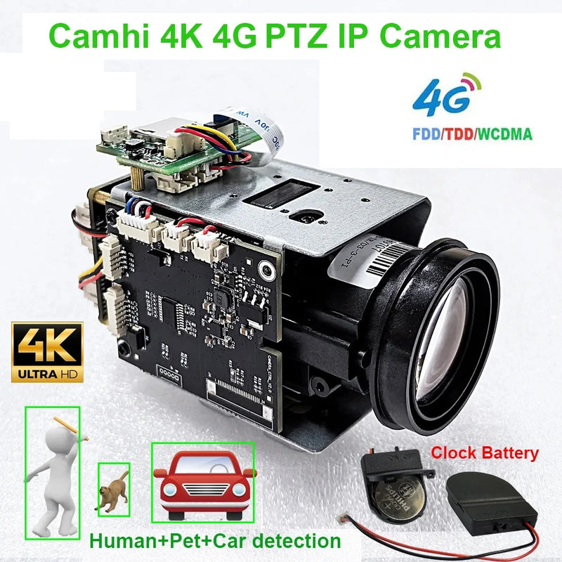 Camhi 4K 8MP 360X Zoom PTZ 4G IP Camera Auto IRIS P2P ONVIF IMX415 Support SD 256GB