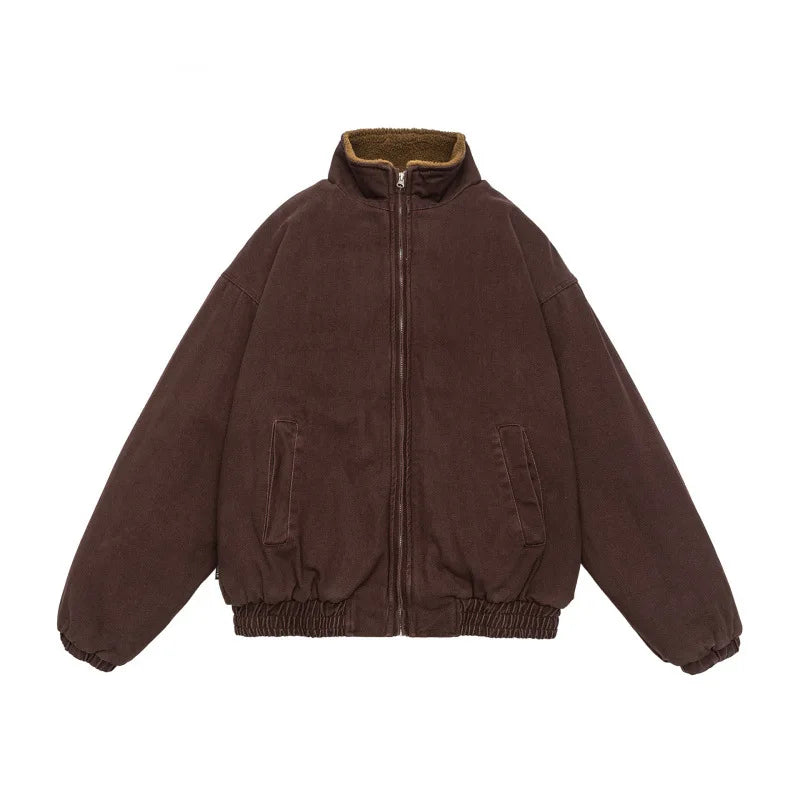 Mens Japanese Vintage Polar Fleece Jacket Winter Thick Warm Coat Korean Streetwear Loose Oversized