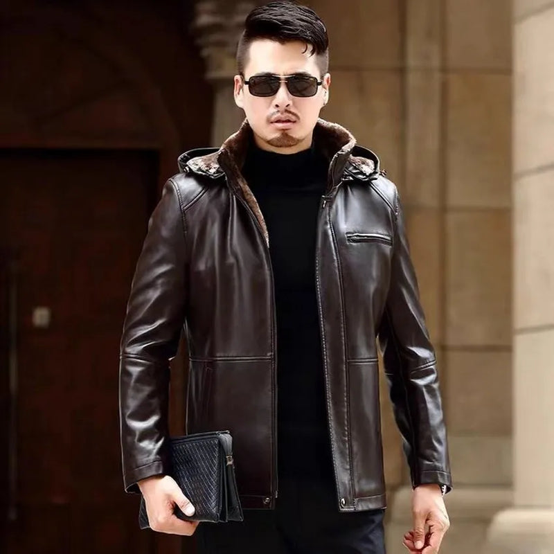 2026 Winter New Fur One Coats Men's Business Leisure Leather Jacket Thick Men Fur Clothing Sheepskin Hooded Jackets Detachable