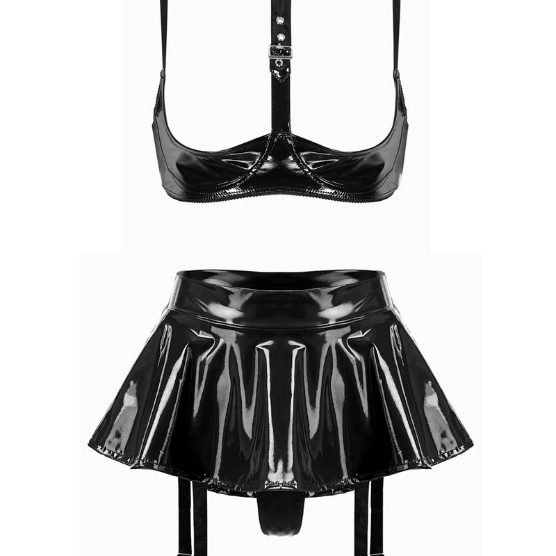 Lingerie Sexy Set Women Wetlook Patent Leather Wire-free Open Cup Sexy Bra with Ruffle Built-in Thongs Garter Belt Mini Skirts