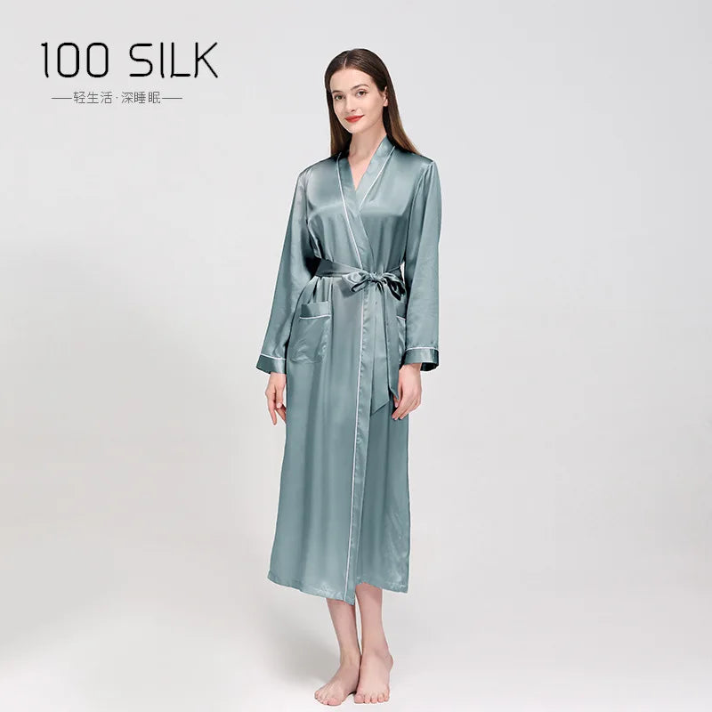 Birdtree 19 Momme 100%Pure Silk Long Robe for Women Silky Sleepwear Ladies Elegant Nightgown Natural Pajamas P36089QM