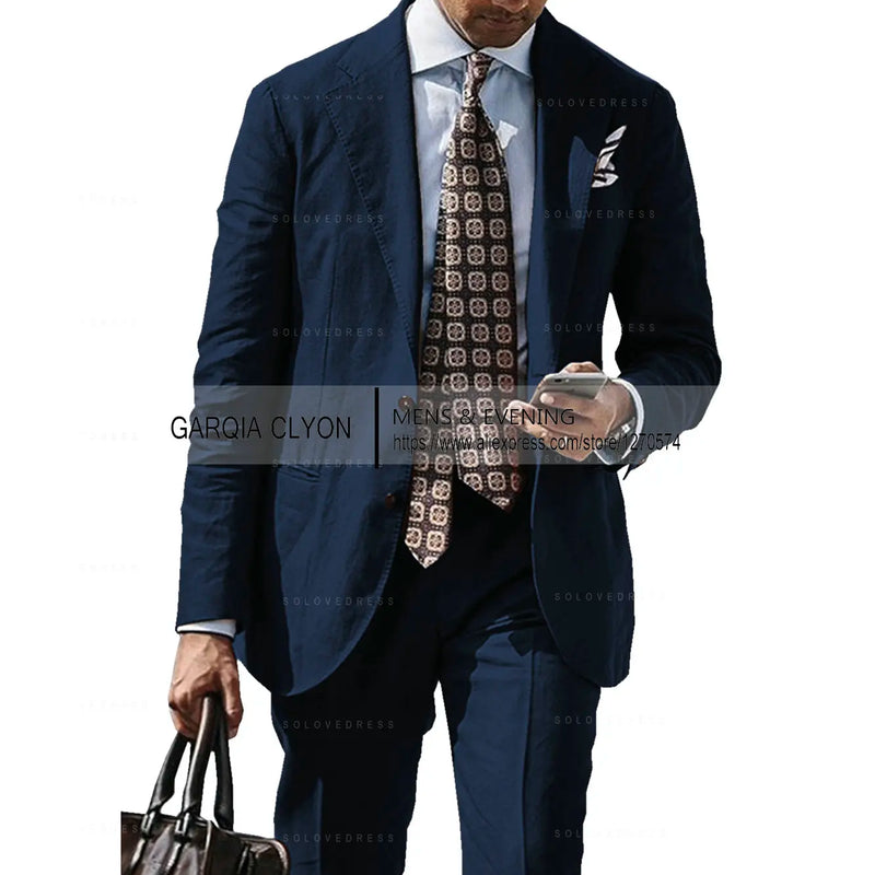 2025 New Casual Men's Suit Jacket Summer Spring Blazer Two Bottom Breathable Cotton Linen Coat 2 Pieces( Jacket+Pants )