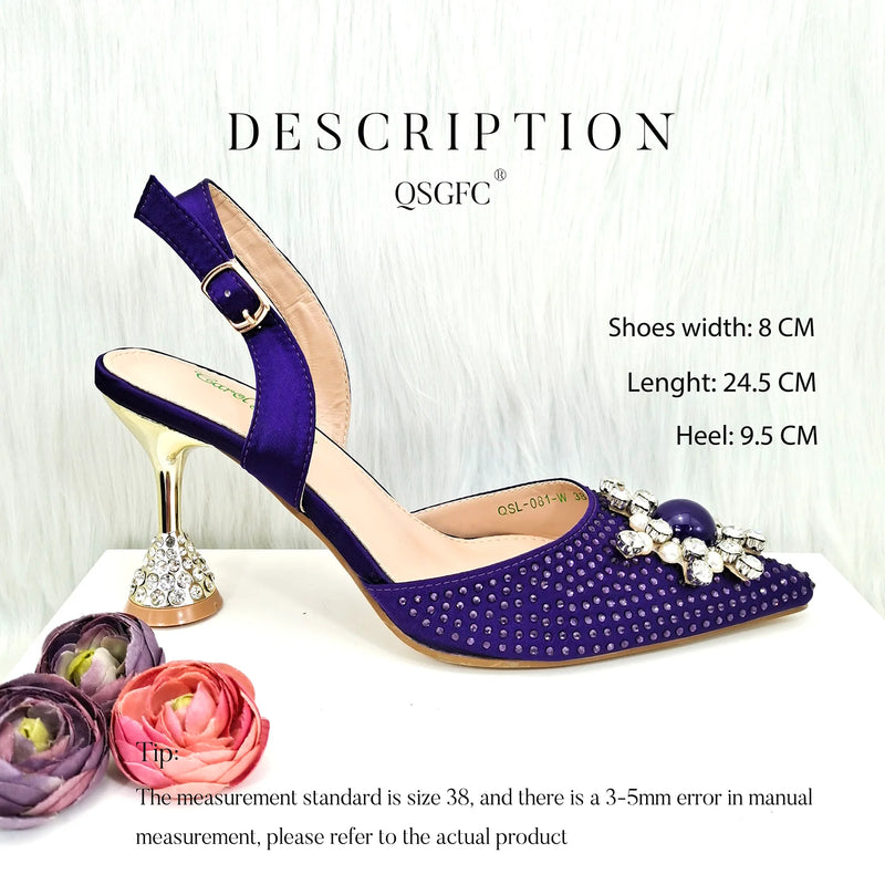QSGFC 2026 New Fashion Purple Sandals Sequins Rhinestone Point Toe High Heels Slingback Women's Dress Women's Shoes & Bag Set
