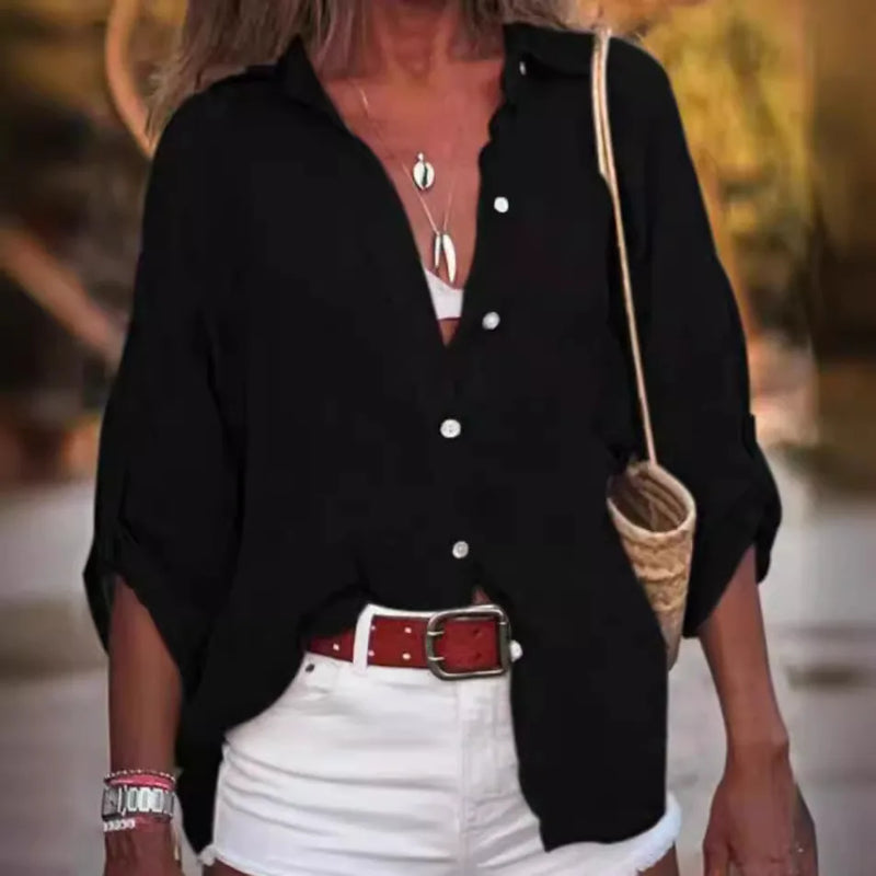 Women's Loose Fit Solid Color Long Sleeve Buttoned Blouse - View 3 | SAMAG