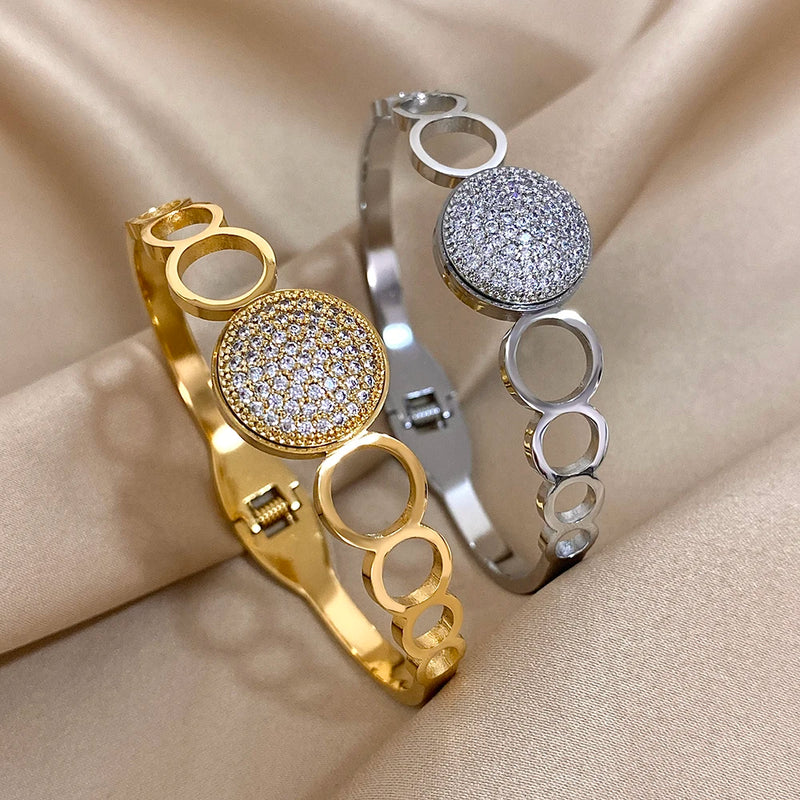 Stainless Steel Bangle Bracelet Inlay Luxury Rhinestones Gorgeous Synthetic Zirconia Geometric Oval Square Stars Shape for Women