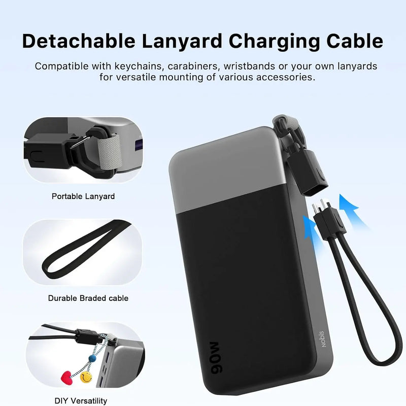 Portable Charger 20000mAh 90W Power Bank w/Detachable Cable | 2C+2A USB-C Fast Charging Battery Pack with LED Display