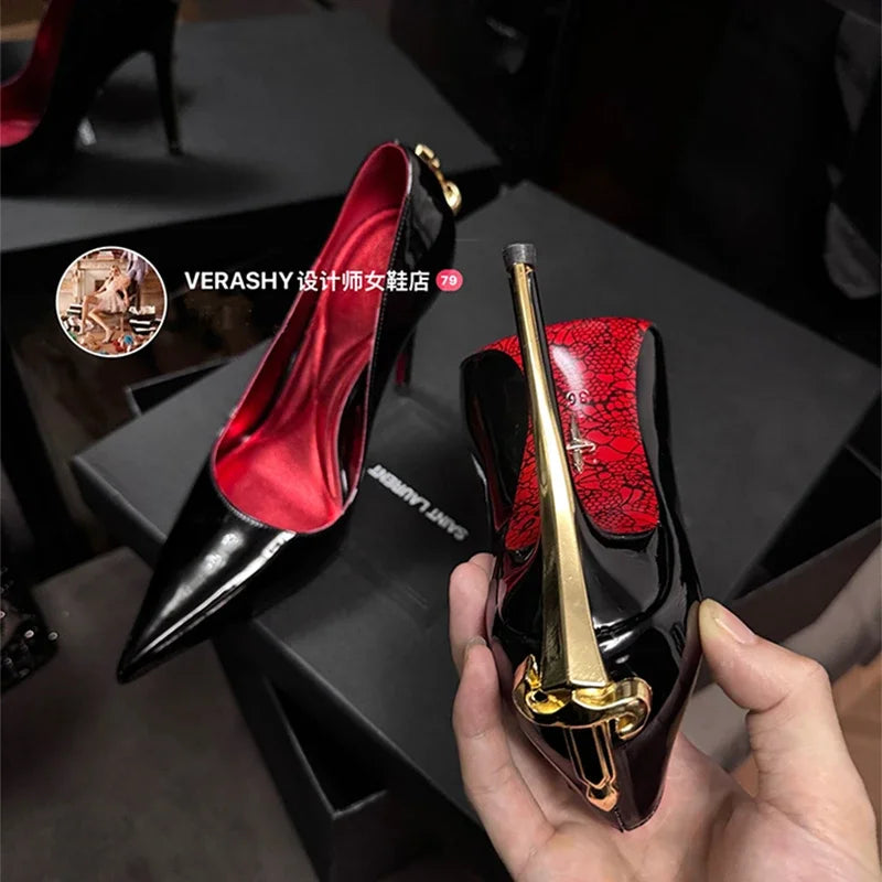 Red Bottom Metal Wand Sexy Sword Pointed Toe Thin Heel Evening Single High Heel Printed Bottom Comfortable Wear Ultra High Heels