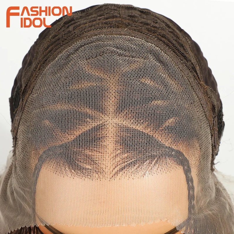 FASHION IDOL 32 inch 13x4 Box Braided Lace Frontal Wigs For Black Women Synthetic Brown Twist Faux Locs Wigs Goddess Braids Wigs