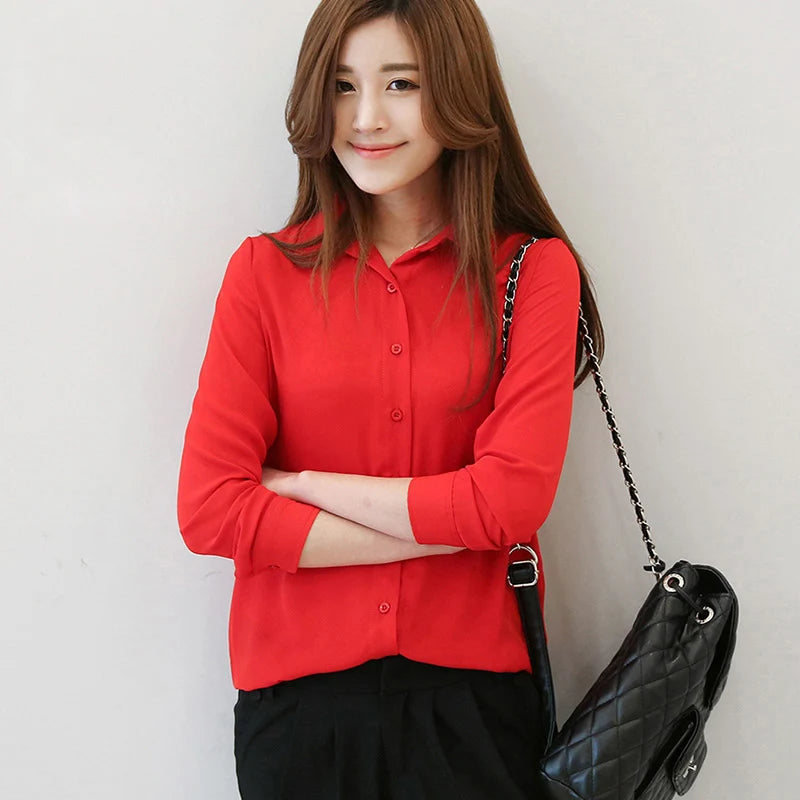 2025 Autumn Women's Solid Color Lapel Long Sleeve Chiffon Shirts Simple Casual Loose Woman Blouse and Tops Office Lady Clothes