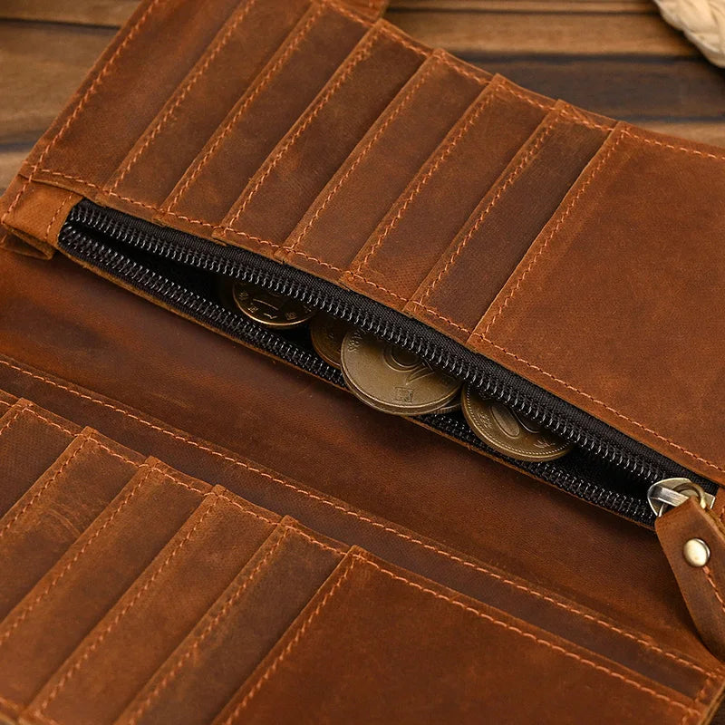 Men's Vintage Crazy Horse Leather Chain Wallet Genuine Leather Bifold Long Wallet Snap Card Holder Purse Zipper Coin Rfid Pocket