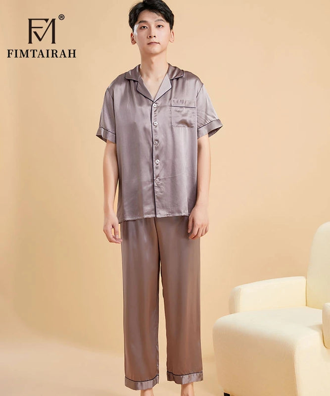 Fimtairah Real 19MMSilk 100% Mulberry Silk Pajamas Men's  Hangzhou Solid Color heavy Silk Home Wear Men's Short sleeve trousers
