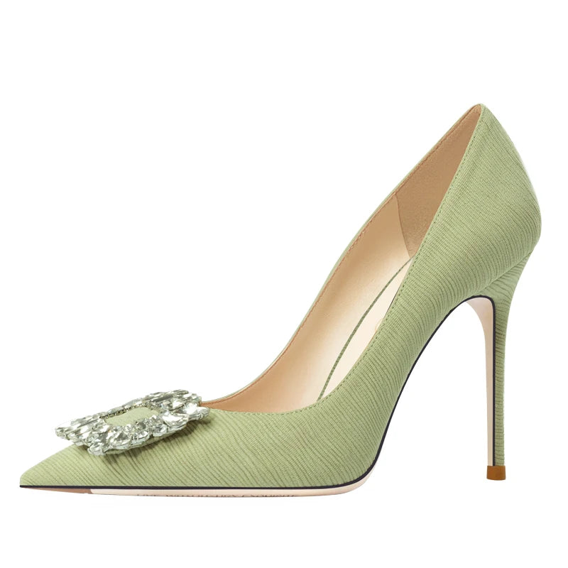 Green Luxury Women's Shoes Rhinestone Woman Pumps Star Style High Heels Shoes Fashion Pointed Buckle Ladies Prom Party Shoes