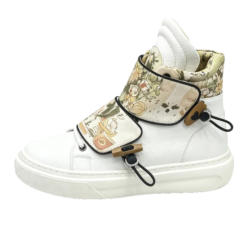 Chinese Style Comic Print High-Top Sneakers for Men, 2026 Autumn New Versatile Thick-Soled Sports Casual Shoes, Trendy White Shoes with Unique Design, Lightweight Skateboard Shoes for Young Men