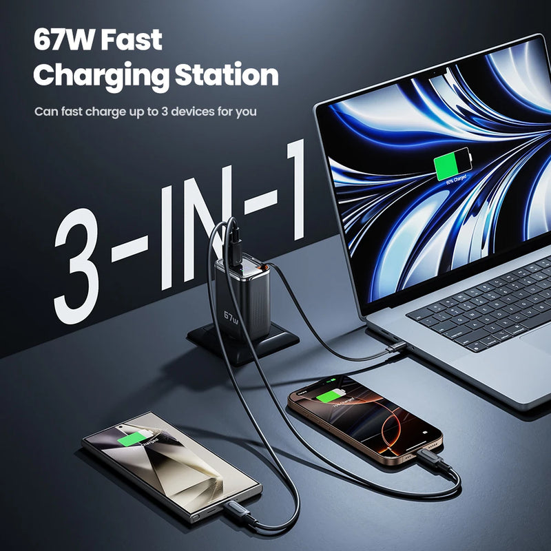 Toocki 67W GaN Charger With Retractable Type-C Cable Digital Display PPS PD3.0 Fast Charger for iPhone 17 16 Samsung S25 S24