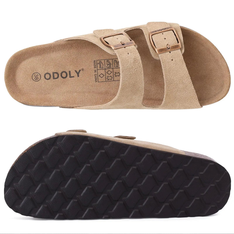 Evshine Leather Cork Footed Clogs Sandals For Women Fashion Flat Mules Slippers with Arch Support Men Double Buckle Cork Slides