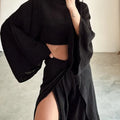 Fashion Flare Sleeve Hollow 2pcs Women Casual Solid Cotton Linen Suit Y2k Summer O Neck Crop Top+Lace-up Ruffle Pants Outfit