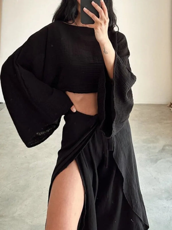 Fashion Flare Sleeve Hollow 2pcs Women Casual Solid Cotton Linen Suit Y2k Summer O Neck Crop Top+Lace-up Ruffle Pants Outfit