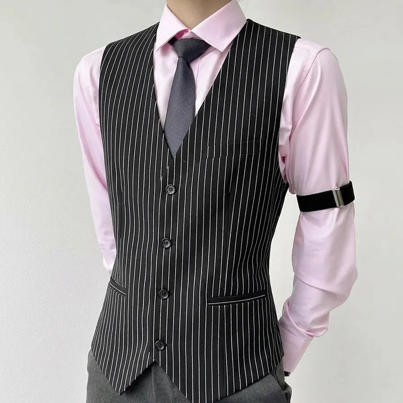 Classic Striped Suit Vest for Men V-neck Bar KTV Bartender Vest Slim Fit Casual Business Wedding Groom Social Uniform Waistcoat