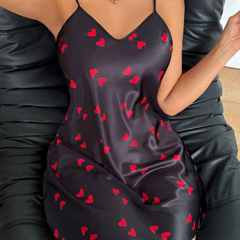 Sexy V Neck Heart Print Women Nightdress Summer Breathable Summer Sleepwear for Home and Party