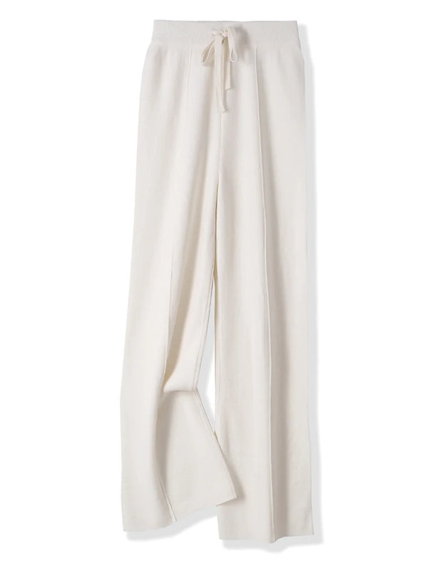 100% Merino Wool Pants Women Autumn Winter Casual Wide Leg Trousers Middle Seam Style Knitted Cashmere Soft Lace-up Trendy Pants