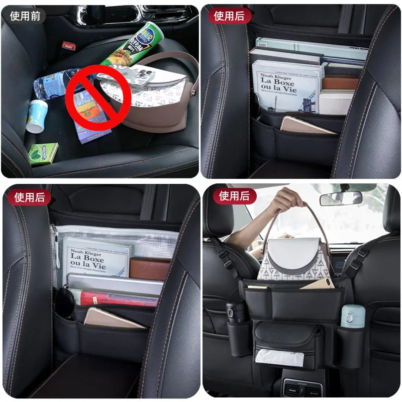 Leather Car Stowing Tidying Seat Middle Hanger Storage Bag Auto Handbag Holder Between Seats of The Car Tissue Water Cup Pockets