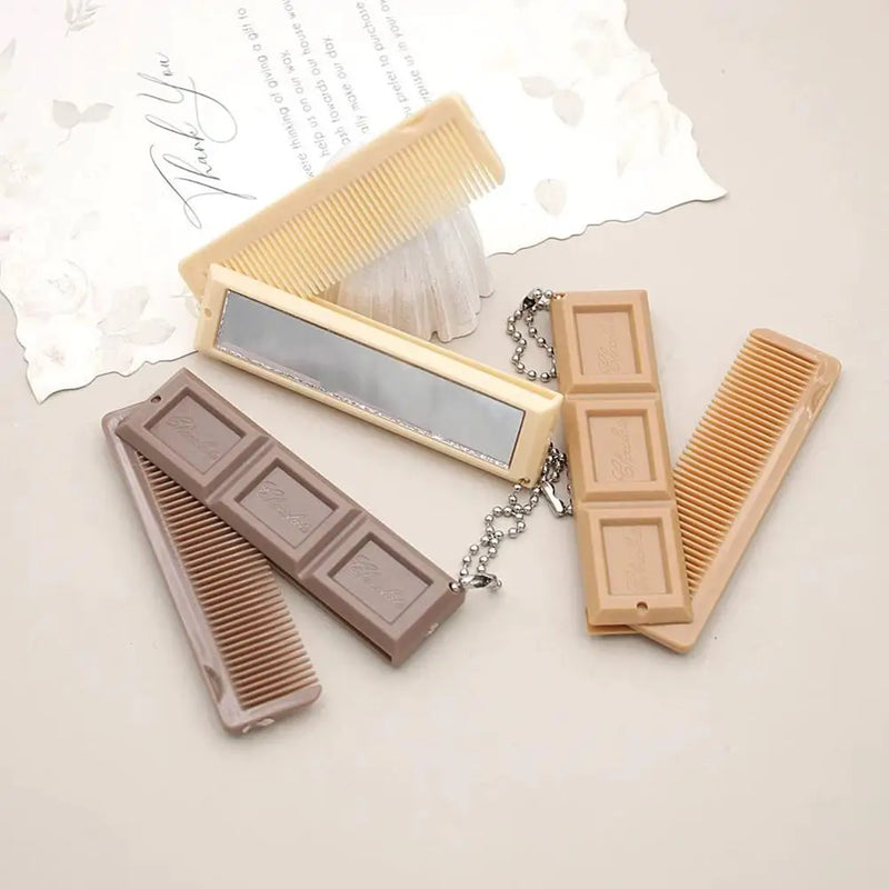 2 in 1 Portable Folding Comb Chocolate-Shaped Mini Compact Hair Comb with Mirror Creative Travel Hair Smooth Styling Tool