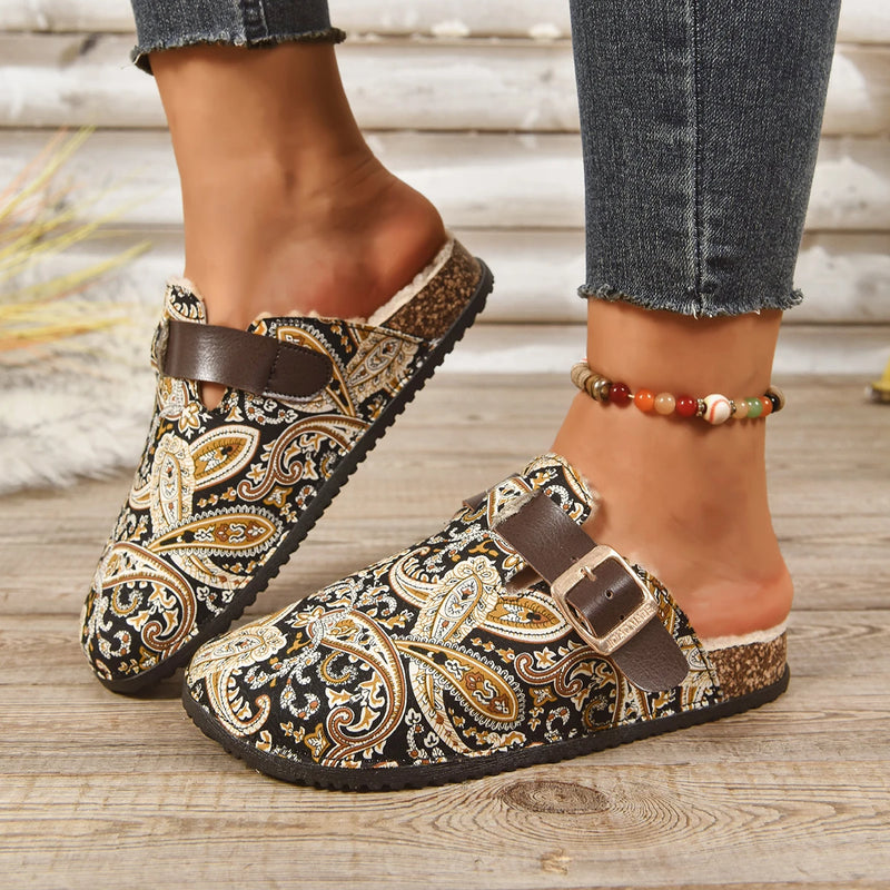 Fashion Paisley Print Birken Clogs Woman Winter Warm Plush Footbed Mule Sandals Ladies Brand Design Fluffy Slide Shoes