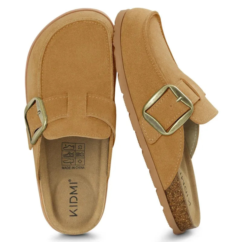 Asgard Women's Memory Foam Suede Clogs Fashion Slip On Cork Footbed Leather Mules With Adjustable Buckle Lady Non-slip Slippers