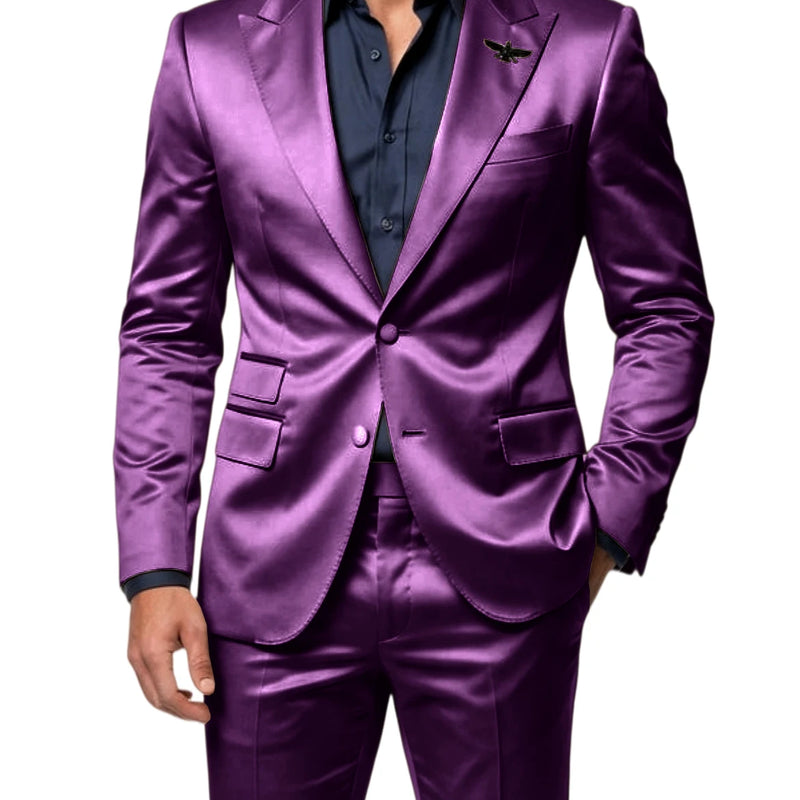 Men's Satin 2 - Piece Suit Set Slim Fit Peak Lapel Tuxedo Blazer With Straight Leg Pants For Wedding Party - View 11 | SAMAG