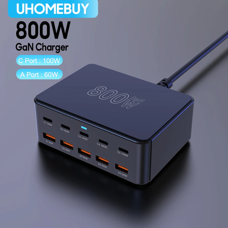 800W USB C GaN Charger 100W PD3.0 PPS QC3.0 10-Port Fast Charging Station for iPhone 16/15 Samsung MacBook Pro Laptops Tablets