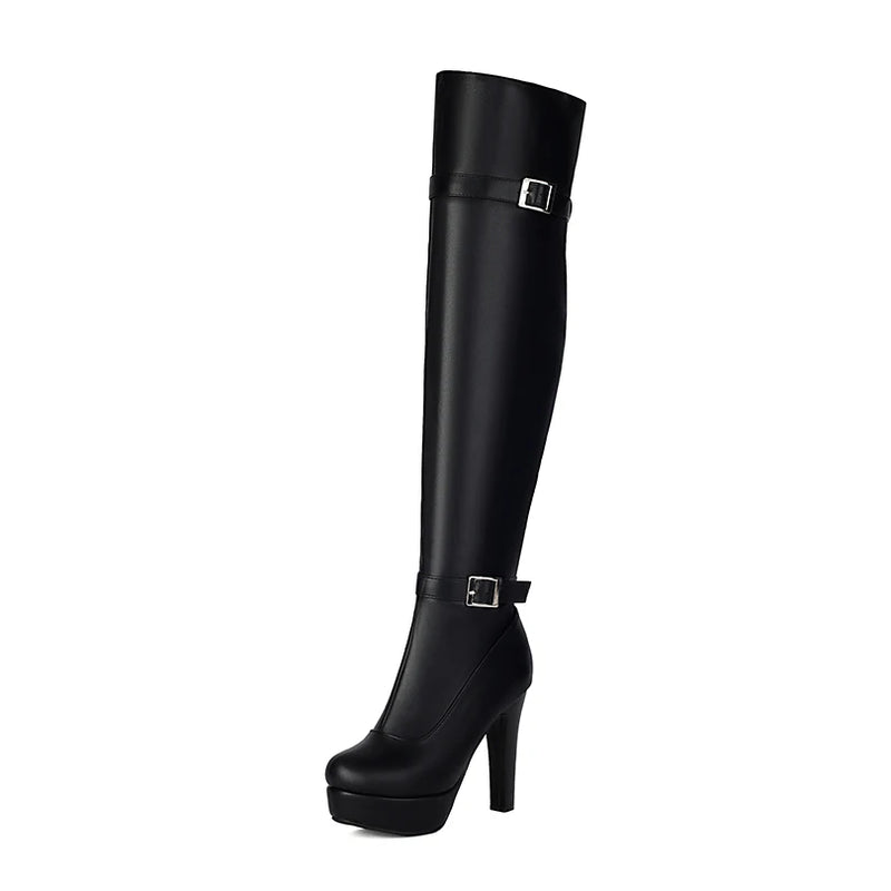 Double Row Metal Belt Buckle Side Zipper Round Toe Platform Ultra-High Thick Heel Over The Knee High Boots New Long Boots
