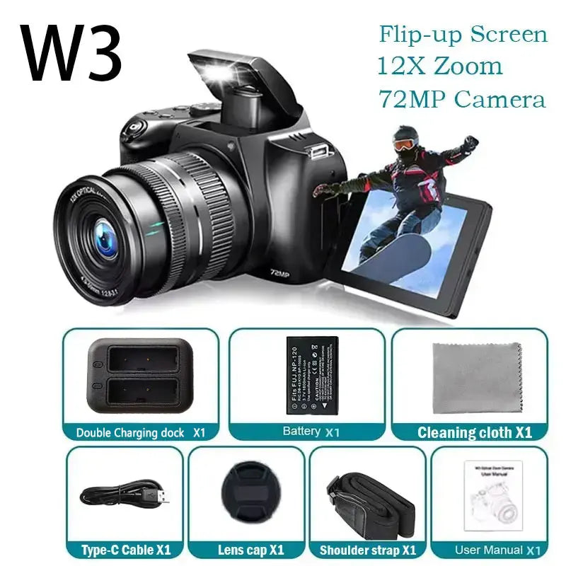 4K DSLR Digital Camera 3-Inch 72MP Photography Camera with 12X Optical Zoom 180° Flip Screen Autofocus for Ins YouTube Webcast