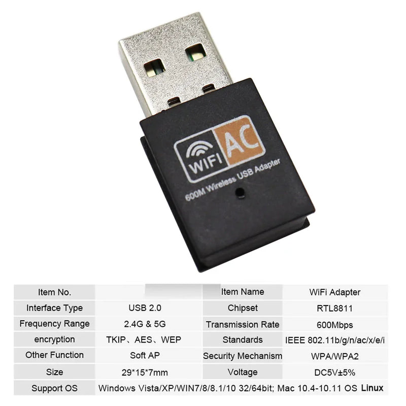 600mbps 2.4GHz 5GHz Dual Band USB Wifi Adapter Wireless Network Card Wireless USB WiFi Adapter Dongle PC NetworK