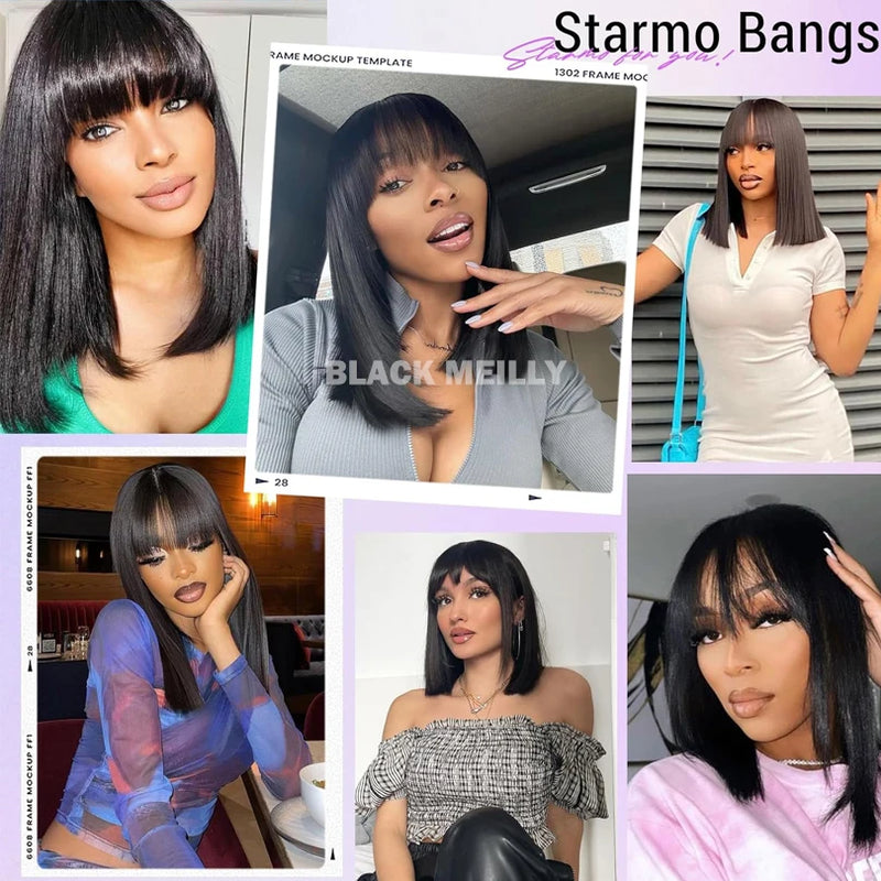 14inch Straight Bob Wig with Bangs Human Hair Realistic Transparent Silk Base Full Lace Short Black Bob Wigs Blunt Cut Bob Wig