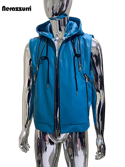 Nerazzurri Summer Autumn Short Blue Pu Leather Vest | SAMAG