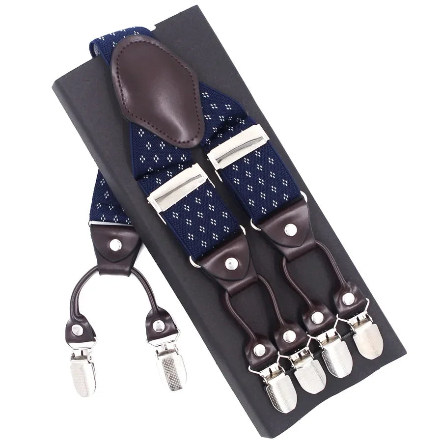 Men's Casual Fashion Leather Suspenders Adjustable High Quality Belt Strap Braces with 6 Clips