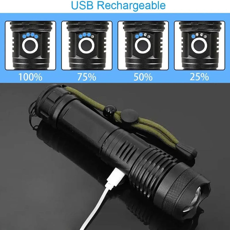 High Power Strong Light Long Range LED Flashlight USB Rechargeable Defense Flashlight Outdoor Telescopic Zoom Super Bright Torch